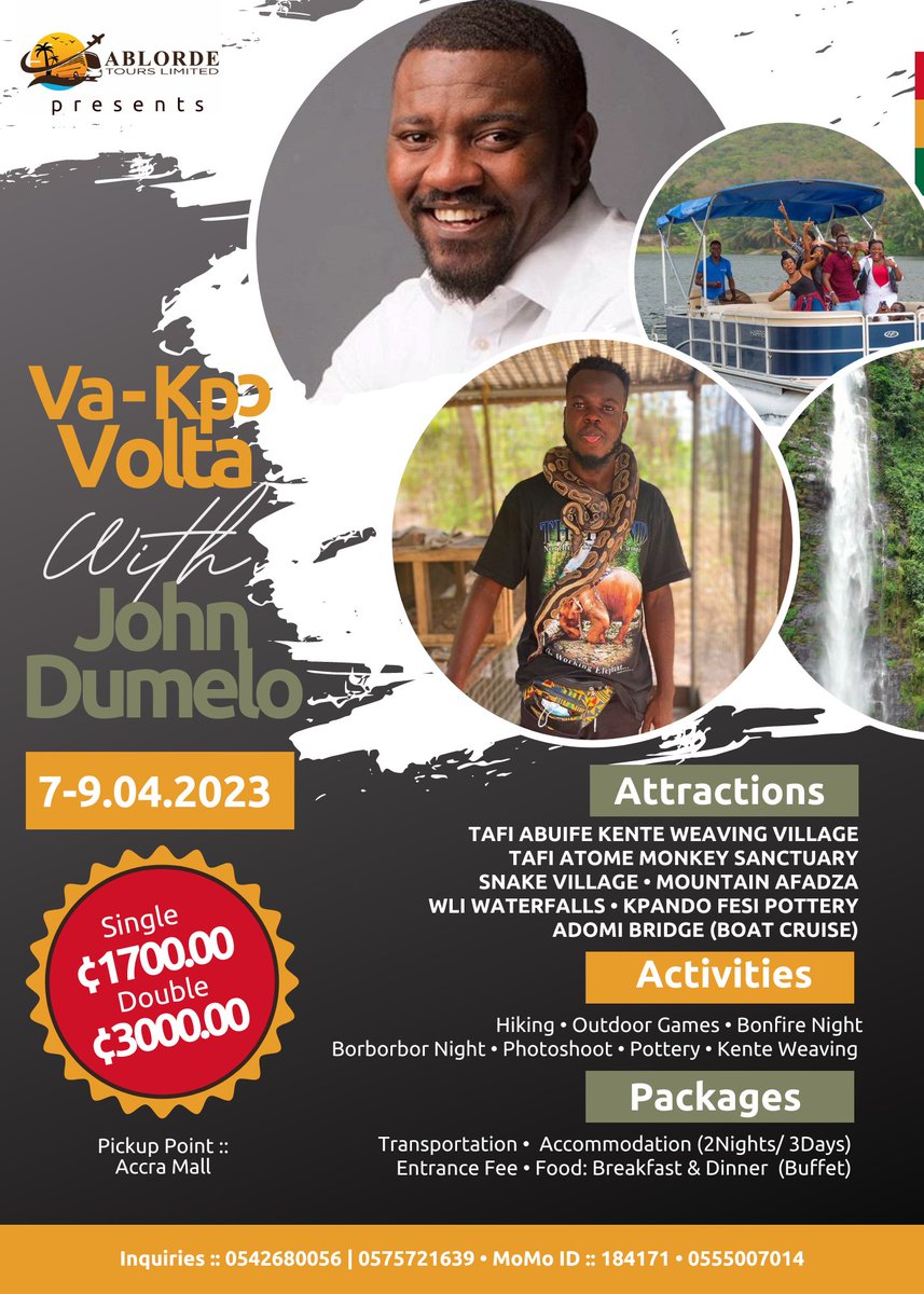 survival_jewel's tweet photo. Join us this Easter on a  full blown 3 day tour of the Volta Region with @johndumelo. This nature and culture tour will take us to the region's most exciting aesthetic attractions sites.

#AblordeToursLtd #tour #tourghana #ghanatrip #easter #experienceghana https://t.co/aNZDKMhEln
