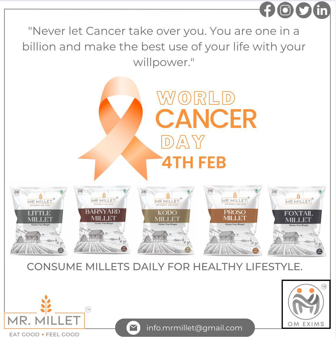 mrmillet_india's tweet photo. Never let Cancer take over you. You are one in a billion and make the best use of your life with your willpower. 
World Cancer Day 2023.!
 Stuned for further updates…🌾 
#cancerday #worldcancerday 
#nutrition 
#nationalnutritionweek      
#healthymillets       
#techgarner https://t.co/DPuVx8jFUR
