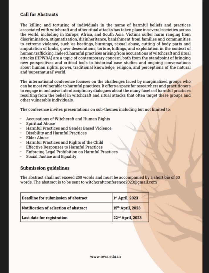 AmitAnand1289's tweet photo. 🚨🚨🚨
@REVAUniversity @StaffsUniJSS @DeLCLancaster are jointly organising an international e-conference on 'Accusations of Witchcraft &amp; Ritual Attacks' in May 2023. See details below
#witchcraft #HumanRights #GenderBasedViolence #VAW #callforabstracts #callforpapers #conference https://t.co/w7jwrmaqY1