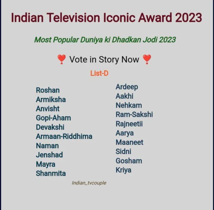 indian_tvcouple's tweet photo. Vote Now β£οΈππ
Most Popular Duniya ki Dhadkan Jodi 2023 β£οΈ
Use Hsg# in RT & Comments π
#indiantelevisioniconicaward2023
#indian_tvcouple
#Roshan #armiksha #aznoor #maaneet #anvisht #goham #devakshi #armaanriddhima #naman #jenshad #mayra #ardeep #aakhi #Nehkam #rajneetii https://t.co/Zaw2SN7ddF