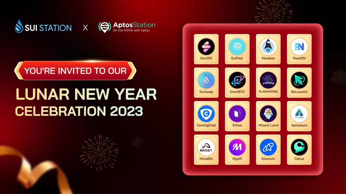 🥳Lunar New Year Grand OAT

Claim 11+ OAT (including Grand OAT) now to get #airdrop prizes: galxe.com/suistation/cam…

🎁250+ OG, WL from 13 #Sui &amp; #Aptos top projects

🎁$100 $BLAT from BeLaunch

🎁500 $WCM from Read2N

🎁10000 $STC from Starcoin

🎁Special NFT from Mynft, OmniBTC