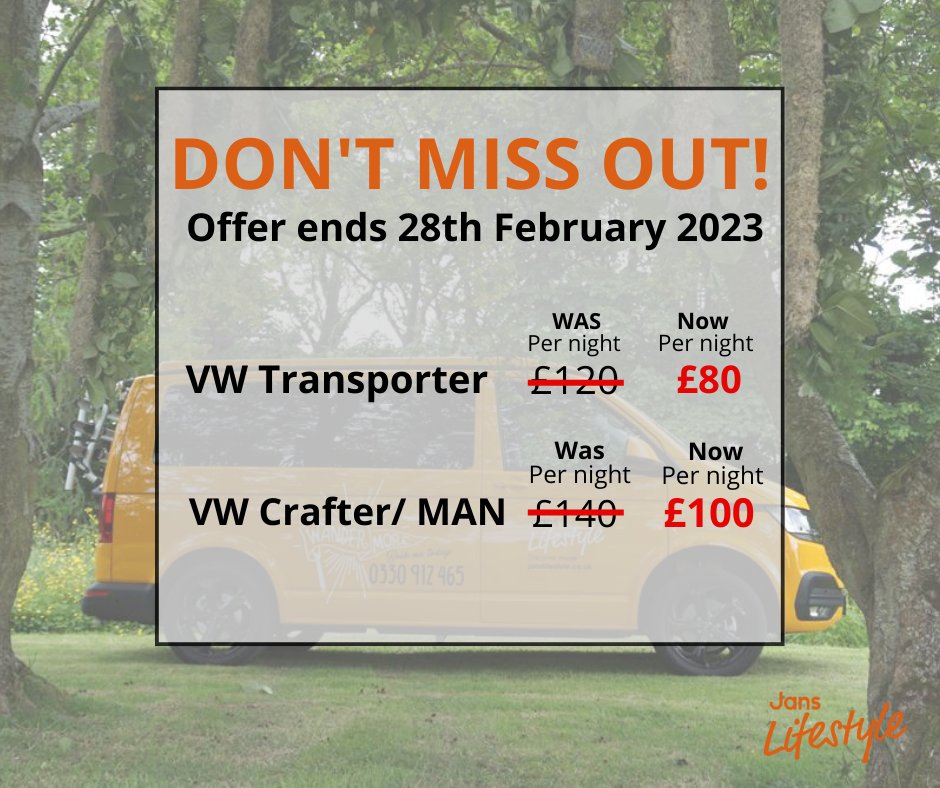 🚩YOU DON’T WANT TO MISS OUT ON THIS FANTASTIC OFFER 🚩

SAVE MONEY on campervan rentals this month🚌

But HURRY, offer ends 28th February!

*Minimum three night stay

➡️ Book your next mini break today
janslifestyle.co.uk/camper-van-ren…