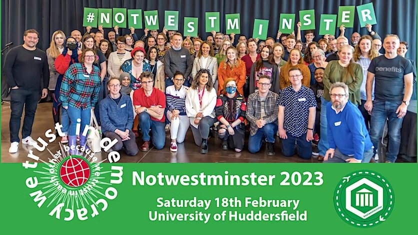 Join us for #Notwestminster on 18th Feb in Huddersfield💥

💚Workshops
notinwestminster.wordpress.com/notwestminster…
⚡️Talks
notinwestminster.wordpress.com/notwestminster…
💚Trust
notinwestminster.wordpress.com/2023/01/21/wha…
🎟️Tickets
eventbrite.co.uk/e/notwestminst…