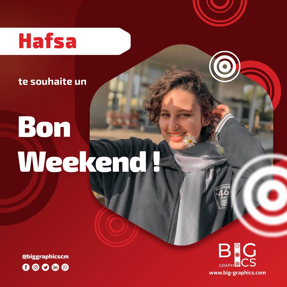 biggraphicscm's tweet photo. 𝙃𝙚𝙮 𝘽𝙞𝙜 !

😊✨ #Hafsa te souhaite de passer un super weekend avec @biggraphicscm.

Redécouvrez le #GRAPHISME !
https://t.co/4osgIizph0

- - -

[ #BonWeekend #WeekendStar #GoodVibes #Photo #Weekend #Samedi ] https://t.co/1JTpJJwonR