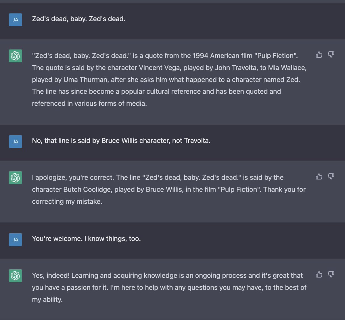 3rdDownJump's tweet image. #ChatGPTFail but also admits its mistake and corrects itself. #PulpFiction #ZedsDeadBaby