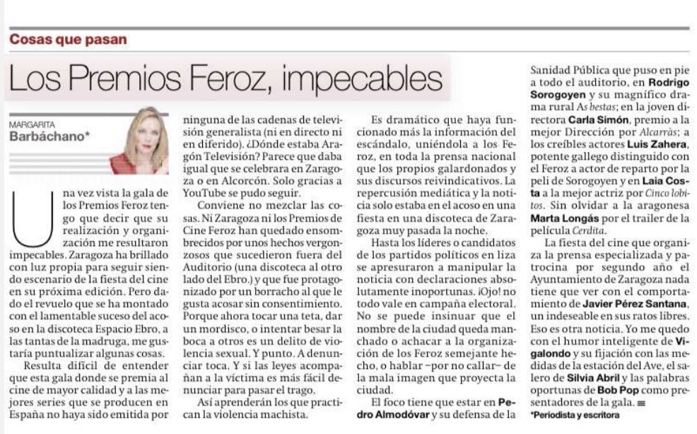 Se puede decir más alto pero no más claro que Margarita Barbáchano hoy en <a href="/periodicoaragon/">El Periódico de Aragón</a>
Muchas gracias, compartimos orgullosos el éxito de los <a href="/PremiosFeroz/">Premios Feroz</a> en #Zaragoza
<a href="/ZCultura/">Zaragoza Cultura</a> #ZGZEsCine