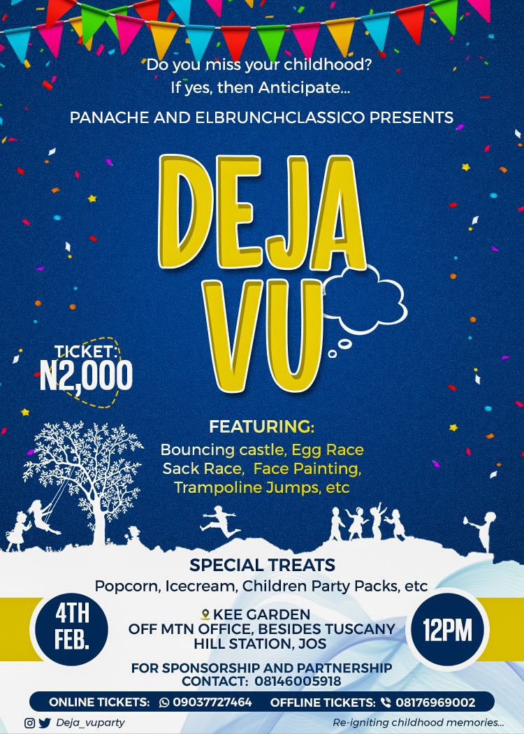 Deja_vuparty's tweet photo. The Day has finally come, you know the vibes. No rules, just fun! Join us for a day with us @Deja_vuparty 🎊🕹️ 
📍 KEES GARDEN, HILL STATION, JOS.
⏰ 12PM 
#GrownUpChildhood #ChildlikeJoy #GoodVibesOnly 🎉 #dejavutheparty https://t.co/SBxoDZlJf4