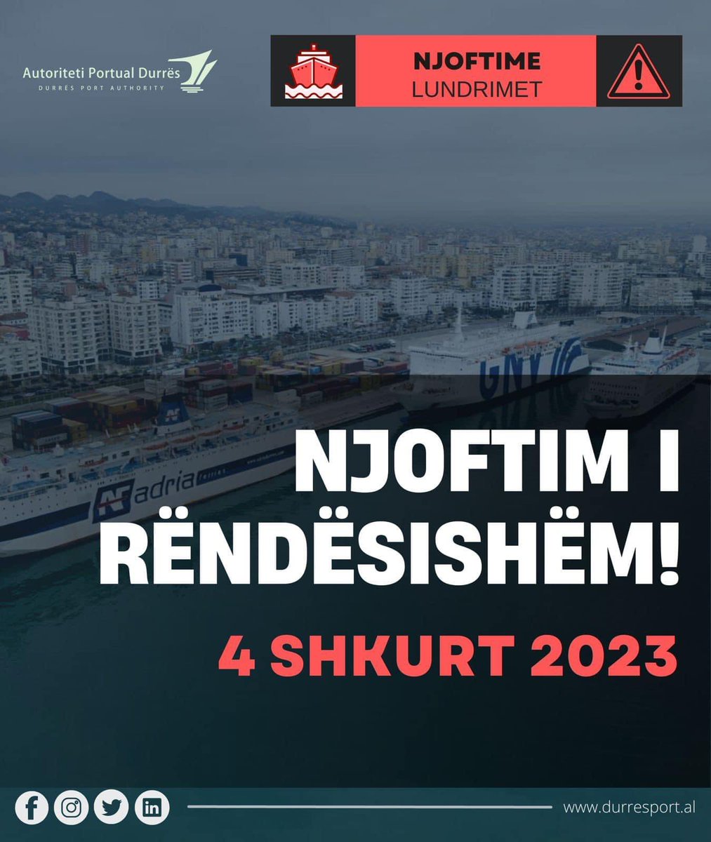 DurresPort's tweet photo. ‼️NJOFTIM I RËNDËSISHËM‼️
Dt. 04.02.2023 

🔴 Si pasojë e kushteve të motit që pritet të përkeqësohen në orët e ardhshme, nuk do të ketë nisje të trageteve sot, dt.04.02.2023, nga @DurresPort drejt #Barit dhe anasjelltas. 

🟢Linja  Durrës-Ankona-Durrës do të vazhdojë normalisht. https://t.co/Iyak58svPx