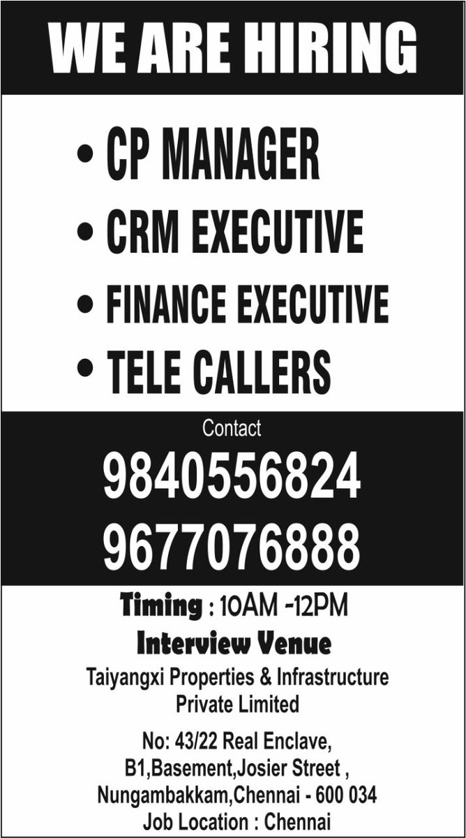 TaiyangxiL's tweet image. WE ARE HIRING for the following positions for our organization For more details contact : 9840556824 , 9677076888 #TAIYANGXI #SUKUMARBALAKRISHNAN #JBGroup #hiring #interviews #manager #CRM #finance #telecallerjob #hiring #jobseekers