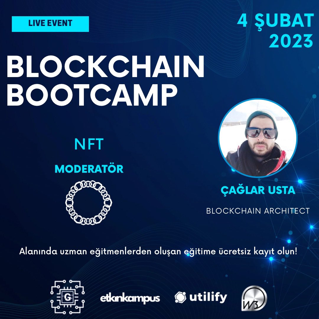 Blockchain Bootcamp etkinliğimizin dördüncü oturumunda bugün değerli hocamız Çağlar Usta <a href="/MoveHunter/">MoveHunter (AR Fitness)</a> , “NFT” anlatmak için saat 19:00-21:00 arasında bizlerle olacak🤩

Ücretsiz sertifikalı ve Nft hediyeli eğitimimize herkesi bekleriz😊