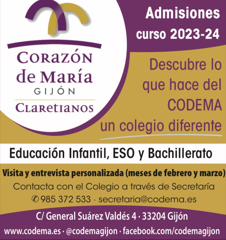 Si estás buscando un colegio para tu hijo/a, ahora tienes la oportunidad de conocer nuestra propuesta educativa. Acércate y descubre lo que hace del #CODEMA un colegio diferente. ¡Te esperamos! #EducamosParaLaVida <a href="/cmfsantiago/">Claretianos Santiago</a> <a href="/PedagogicosS/">Pedagogicos Claretianos de Santiago</a> <a href="/ETCMFSANTIAGO/">Colegios Claretianos Stg</a> <a href="/EC_Asturias/">EC Asturias</a> <a href="/IdearioFC/">Ideario de la Familia Claretiana</a>