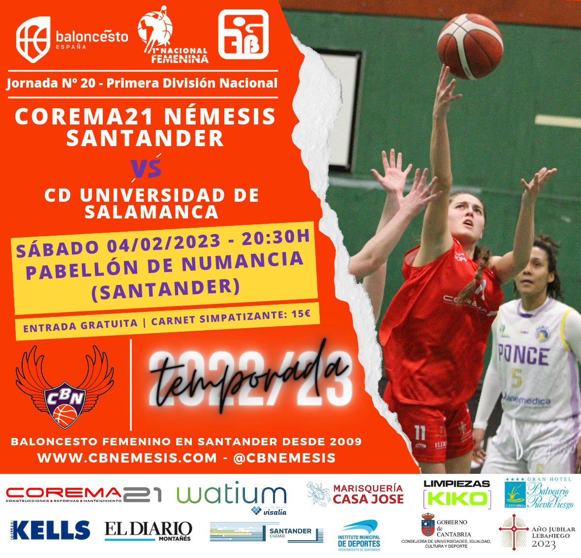 cbnemesis's tweet photo. 📣 ¡Esta tarde el primer equipo, #Corema21 Némesis, necesita vuestro apoyo en Numancia!
🆚 Universidad de Salamanca
🏆 Jornada Nº 20 - #PrimeraFemenina
📅 Sábado 04/02/2023
⏰ 20:30h
📌 Pabellón de Numancia (#Santander)
🎁 ¡Sorteos al descanso! https://t.co/3sFNJEtjQH