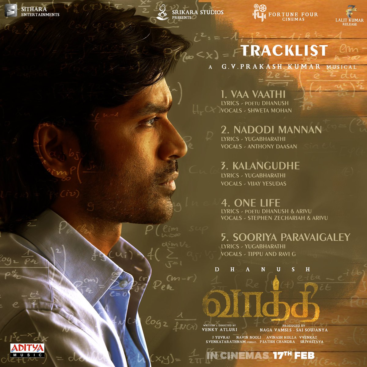 Here is the track list of #vaathi . My first album for 2023 … super happy that #vaavaathi is already a super hit trk in this lot . @dhanushkraja @SitharaEnts #venkyatluri @adityamusic @Fortune4Cinemas