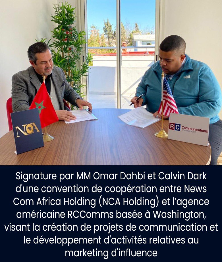 Signature par <a href="/OmarDahbi/">Omar Dahbi</a> et <a href="/TalesDarkSide/">Calvin Dark - كالفين دارك</a> Calvin Dark d'une convention entre <a href="/newscomafrica/">NCA Holding</a> NCA Holding et l'agence américaine <a href="/RCCommsDC/">RC Communications</a> de basée à Washington,visant la création de projets de communication et le développement d'activités de marketing d'influence #Maroc #Afrique