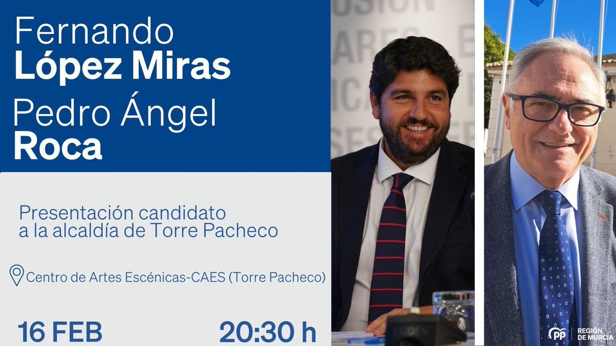 🗣 Torre Pacheco tiene la oportunidad de avanzar hacia un #FuturoSeguro

👉 Os invito a mi presentación oficial como candidato a alcalde de Torre Pacheco.

🗓 Jueves 16, 20:30 h.
📍 CAES de Torre Pacheco.