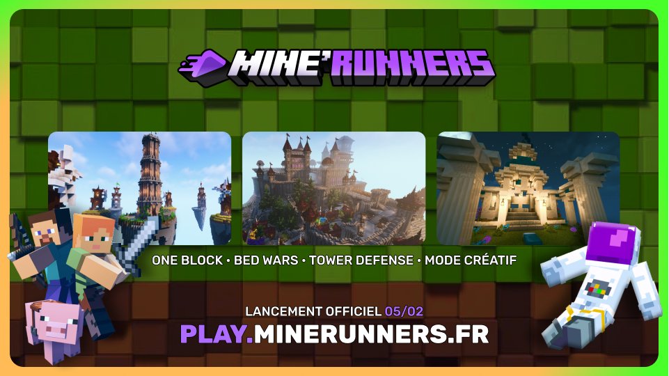 StreamRunnersFR's tweet image. 📆 Dimanche 05/02 à 17h  - Le serveur #Minecraft MINE'RUNNERS rouvre ces portes !

⛏️ #ONEBLOCK, #BEDWARS et #MODECREATIF au rendez-vous 👉

Soit au courant des dernières nouveautés sur le Discord MINE'RUNNERS
▶️ discord.gg/td7rhS8Q9k

#twitchfr #streamerfr #twitch