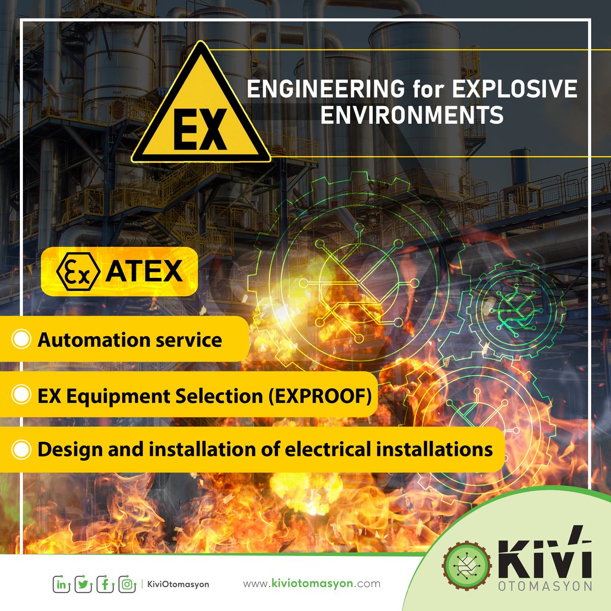 KiviOtomasyon's tweet image. As KIVI Automation, we provide services with our trained and expert personnel within the scope of IEC 60079-14 and IEC 60079-17 standards for the design of electrical installations required for safe operation in hazardous environments,

#IEC #ATEX #exproof #kiviotomation