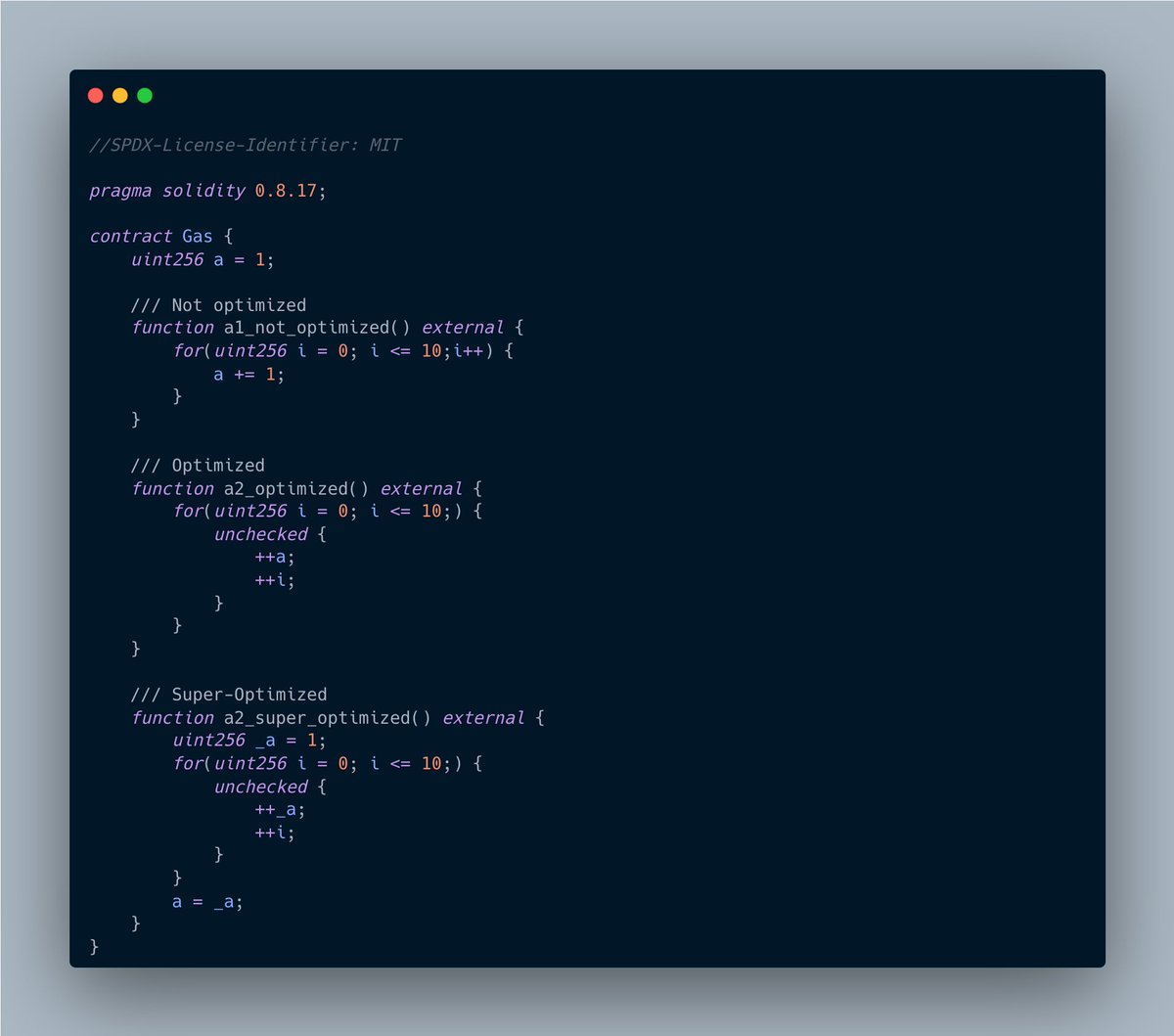 polthedev's tweet image. ⛽️Some tips &amp;amp; tricks for gas optimization:

1) In "for" loops don't use i++; Use "unchecked {++i;}"
2) Don't execute direct operations on state variables (if it's possible). Use local variables and assign the final value to the state variable.