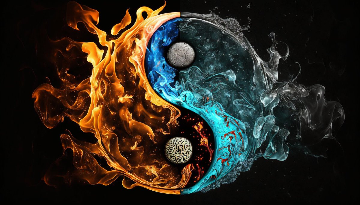 The_Jr_Citizens's tweet image. Yin and Yang. A concept in traditional Chinese philosophy that represents balance and harmony in the universe.The image depicts the balance between the two opposing elements of fire (representing yang) and water (representing yin), with each element in equal measure. #midjourney