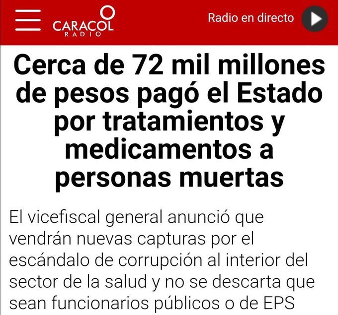 Quiero recordarle solo dos noticias olvidadas sobre la salud en Colombia: ❌ Que Carlos Palacino se quedó con $398 mil millones entre 2000 y 2004 para comprar hasta vehículos de alta gama. ❌Que entre 2008 y 2010 se pagaron 72 mil millones en tratamientos a personas muertas👇🏾