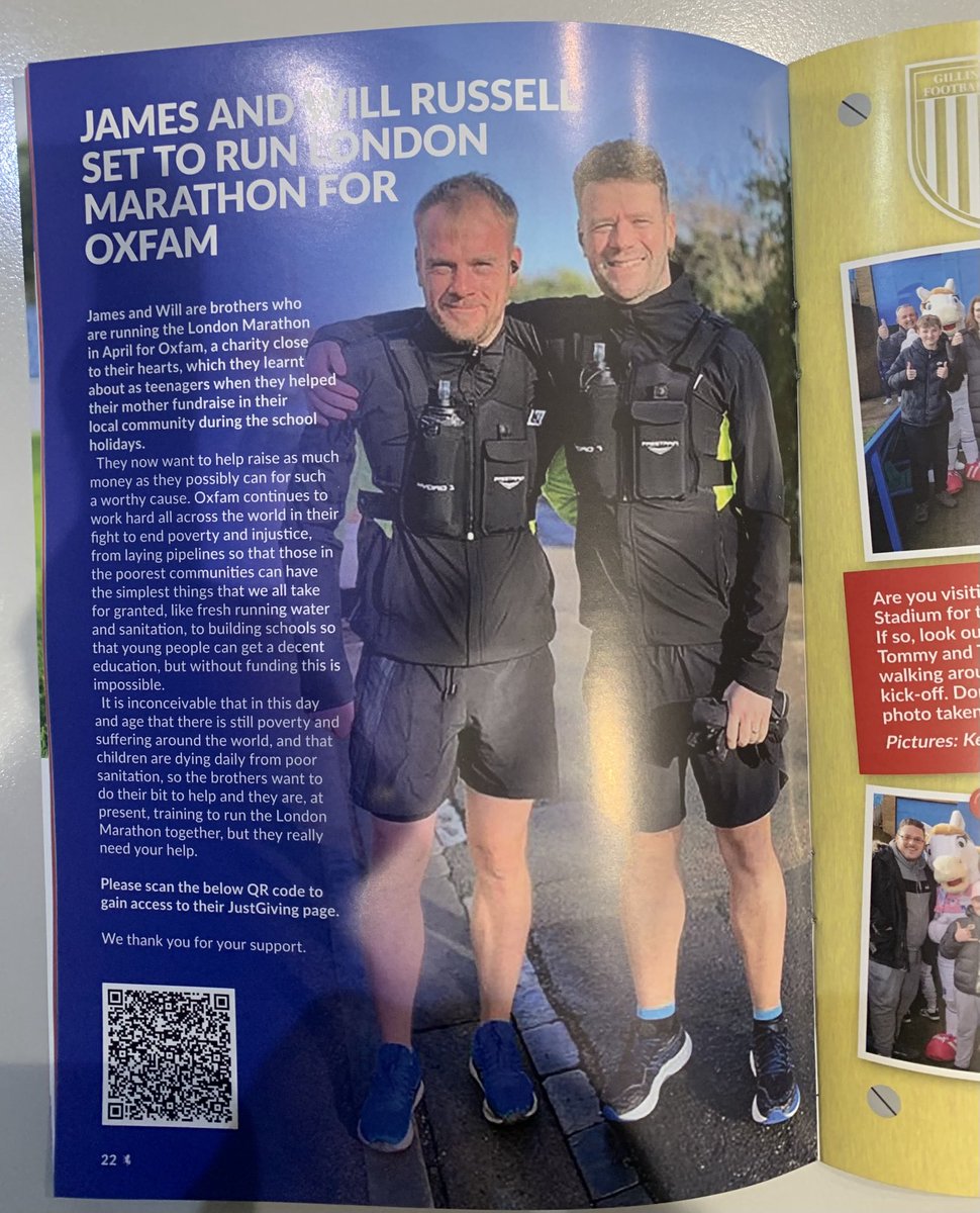 Page 22 of todays match day program 📖 love it Phil ⁦@TheGillsFC⁩ 💙. Please support ⁦@Oxfam⁩ ⁦@oxfamgb⁩ if you can. 🤝 justgiving.com/fundraising/ja…