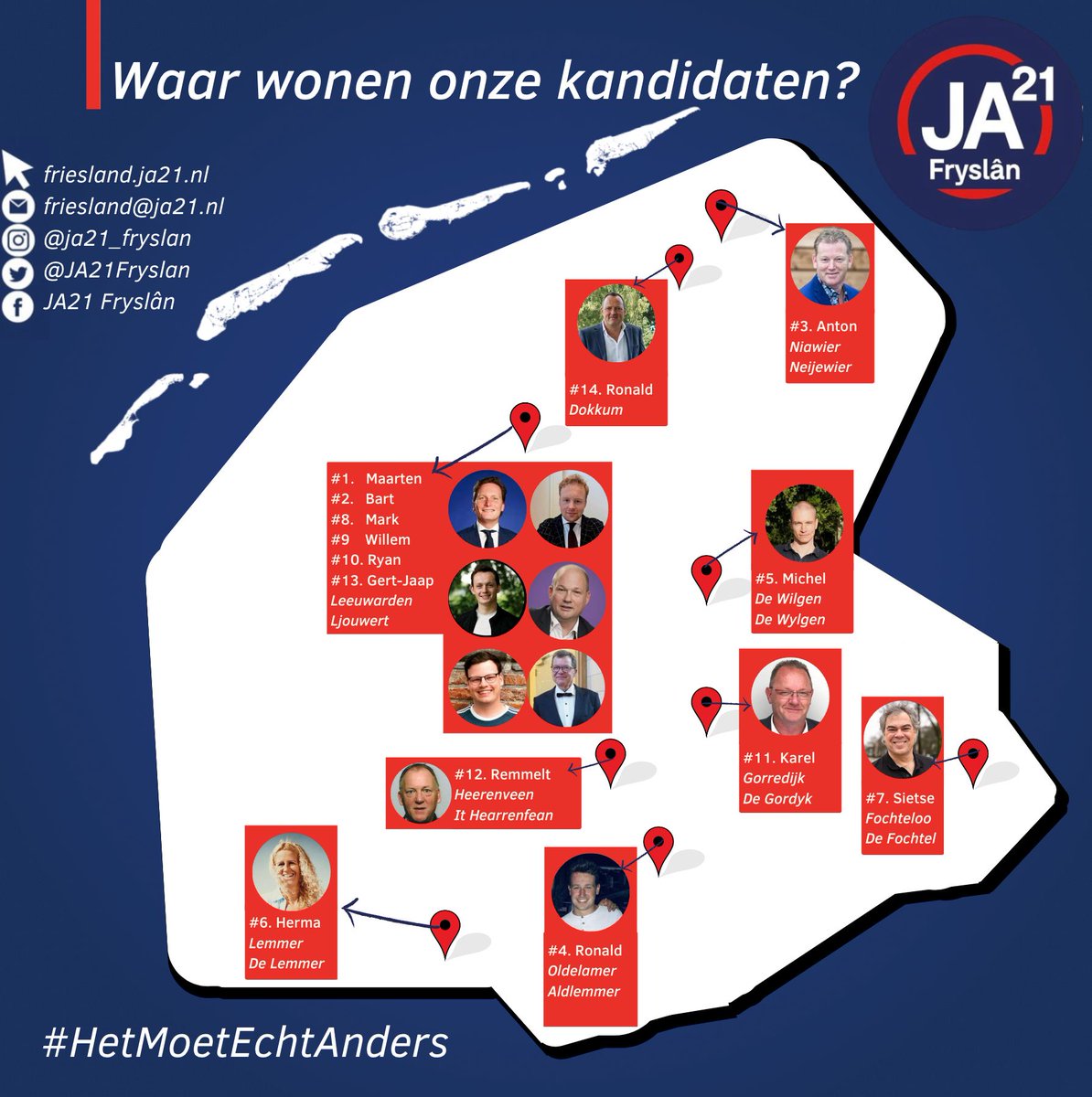 Wie staan er op de kieslijst van JA21 Fryslân voor de Provinciale Statenverkiezingen op 15 maart? Op deze kaart kan je zien welke kandidaten er het dichtst bij jou in de buurt wonen. Stem 15 maart op één van onze kandidaten!

#JA21 #Fryslân #HetMoetEchtAnders #ps23
