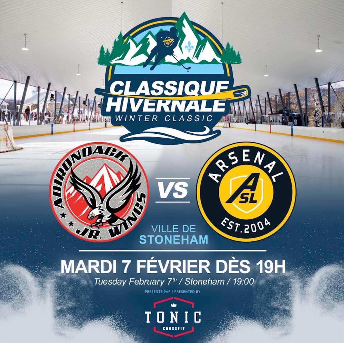 ☃️Classique hivernale☃️
Soyez des nôtres, le 7 février prochain, pour un match en plein-air qui aura lieu à Stoneham !⛰🏒🥅
L’Arsenal M13 D1 affronte les Jr Wings d'Adirondack (qui participera au Tournoi International de hockey Pee-Wee de Québec au sein de la classe AAA).
#GOASL