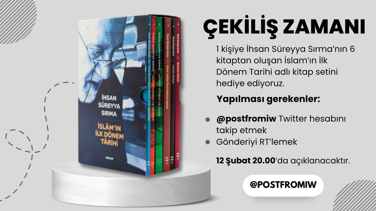 analizpost's tweet photo. 1 kişiye İhsan Süreyya Sırma’nın 6 kitaptan oluşan İslam’ın İlk Dönem Tarihi adlı kitap setini hediye ediyoruz.

Yapılması gerekenler:

📍 @postfromiw hesabını takip etmek
📍 Gönderiyi RT’lemek 

12 Şubat Pazar 20.00’da açıklanacaktır. https://t.co/VeL1nj2TYl