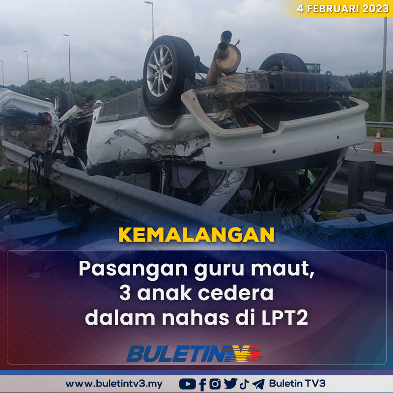 BuletinTV3's tweet photo. KEMALANGAN | Pasangan suami isteri maut manakala tiga anaknya cedera selepas kenderaan yang dinaiki hilang kawalan sebelum terbalik dalam kejadian di LPT 2, jam 4 petang tadi.

Berita penuh: https://t.co/IQ0VISDRzV https://t.co/N2Pml1r487