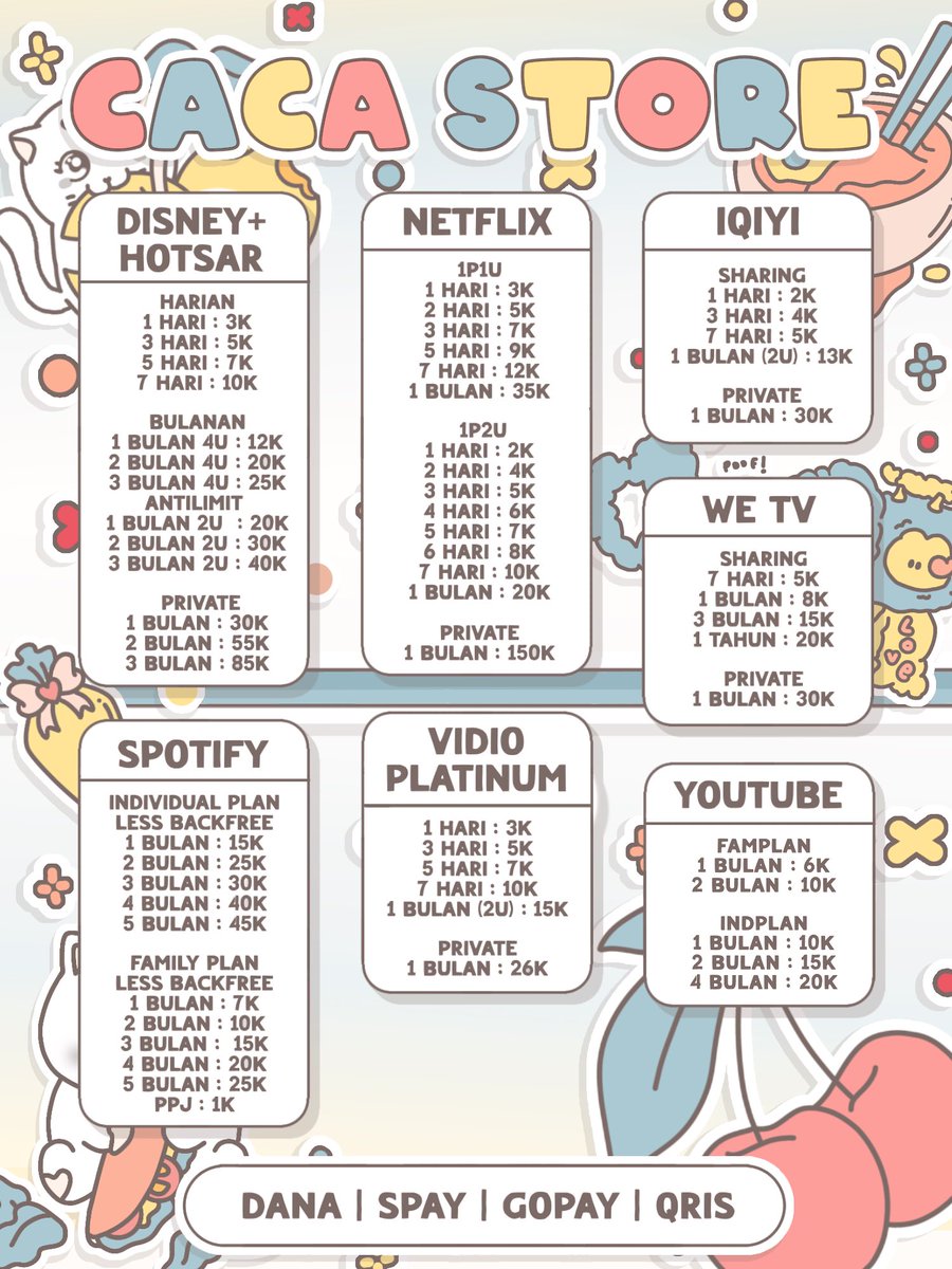 facwia's tweet image. Siang kak, lagi cari app prem apa nih? Sini mampir dulu liat pricelistnya kak caca @dixfer
 
🥨 Murah
🥨 Fast respon
🥨 Trusted 
🥨 Langsung proses

Mau order?  💌 @dixfer atau bisa wa ke wa.me/+6282125935086