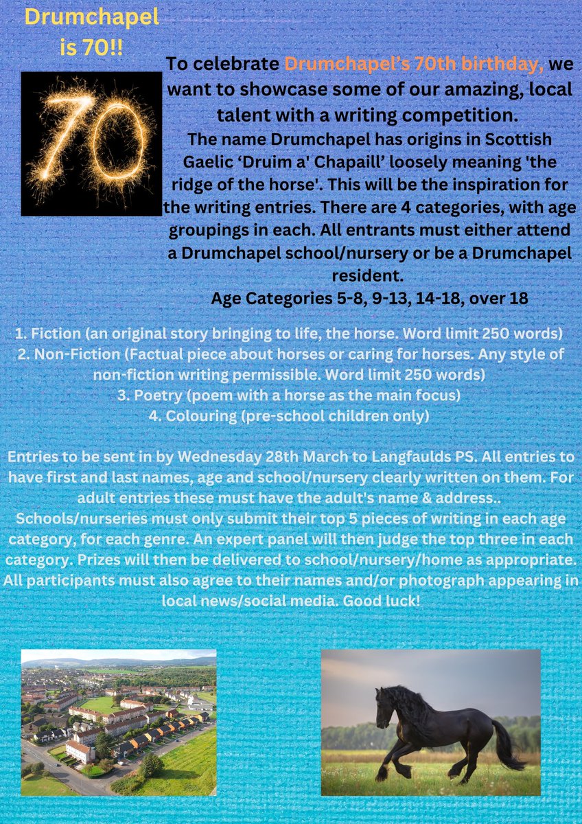 LangfauldsPS's tweet photo. I hope everyone has been busy with their plans for the Drumchapel Writing Competition. Our panel of judges are looking forward to reading them! @AntoninePrimary @StClaresDrum @camstraddenps @drumchapelhigh @G15YouthProject @TPDrumchapel @3DDrumchapel #authorsofthefuture https://t.co/nsUcH77OpB