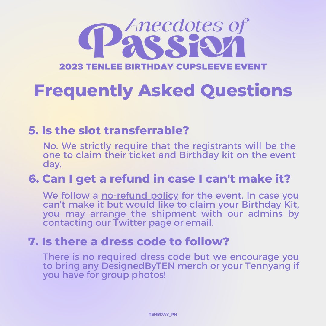 TENBDAY_PH's tweet photo. Still not sure about attending Anecdotes of Passion with your friends? Don't worry coz we got you covered😼

Check our FAQs for a convenient &amp; fun experience for everyone! For other questions, send us a dm.

See you there, Fi10velys 💜
https://t.co/eUby4zZUQ3

#TENBDAYPH2023 https://t.co/uctFMWsLlV