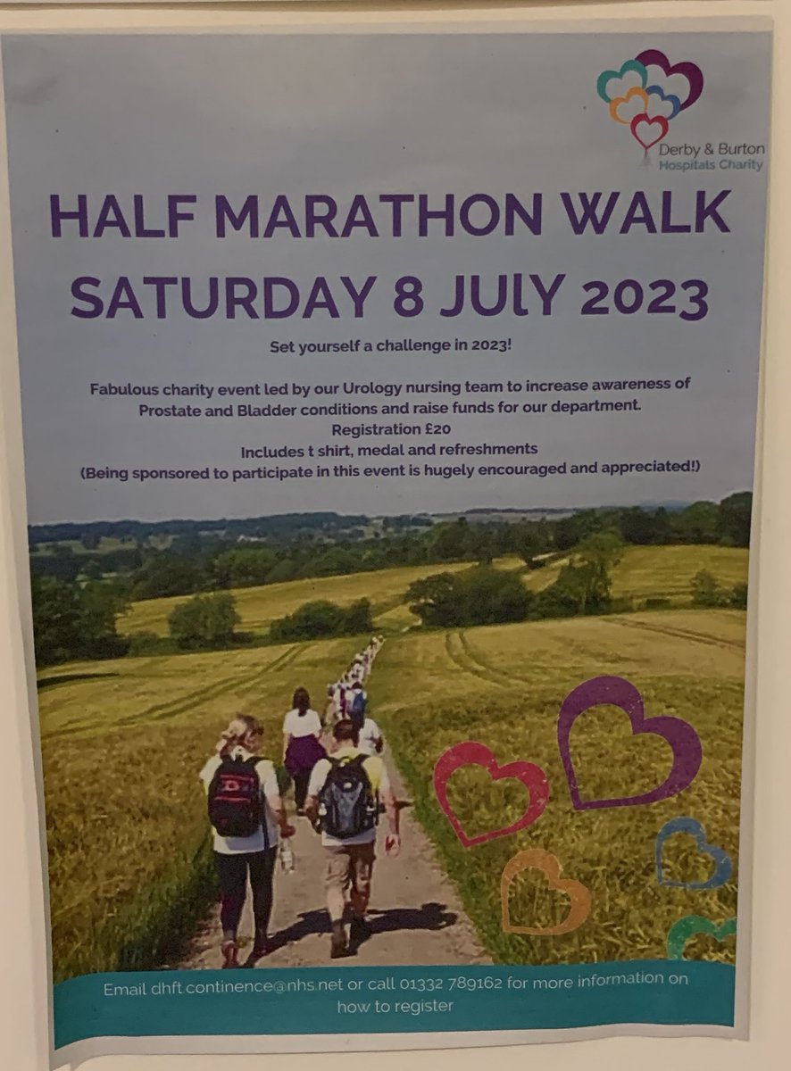 Urology21010's tweet image. *UPCOMING EVENT*

Our urology half marathon walk is being arranged for Saturday 8th July 2023. This is a 13 mile walk between Burton and Derby and is open to all. 

Registration is £20 and includes refreshments, a medal and a T-shirt. 

Contact us as below for more details 🚶🏼‍♀️🚶🚶🏻‍♂️