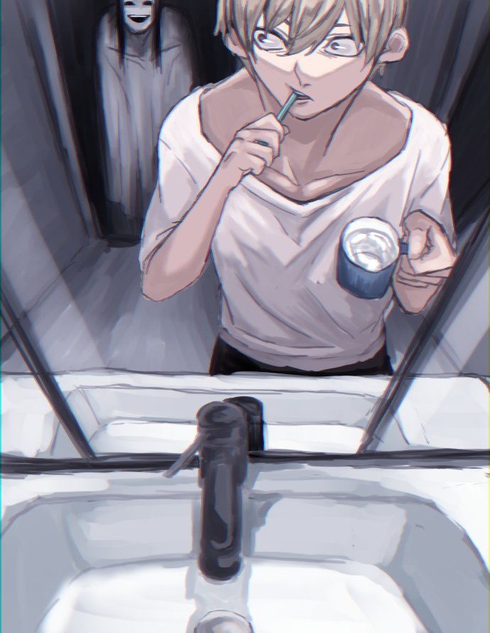 brushing teeth shirt toothbrush short hair holding blonde hair mirror  illustration images