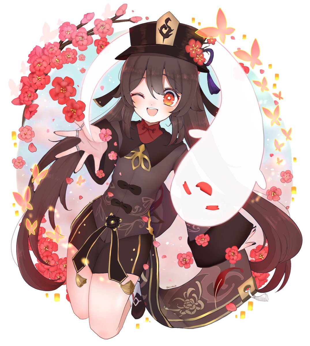 hu tao (genshin impact) 1girl one eye closed ghost flower hat twintails brown hair  illustration images