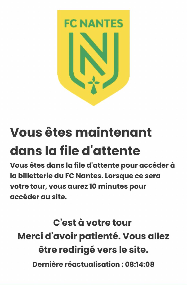 WillGroiz's tweet photo. UPDATE @FCNantes Après 18h d’attente c’est à mon tour ! Incroyable cette billetterie désastreuse #FCNJUV https://t.co/CPMG60yi1B