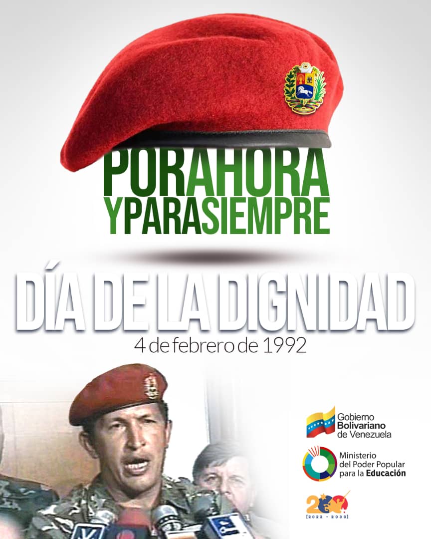 #4Febrero
Con mucho Honor hoy Celebramos el Día de la Dignidad Nacional a 31 años del histórico ‘Por ahora’ 
del Comandante Eterno Hugo Chávez.

¡Por Ahora y Para Siempre! 

#SeguimosVenciendo Hasta la Victoria Siempre!! <a href="/NicolasMaduro/">Nicolás Maduro</a> <a href="/_LaAvanzadora/">Yelitze Santaella</a>