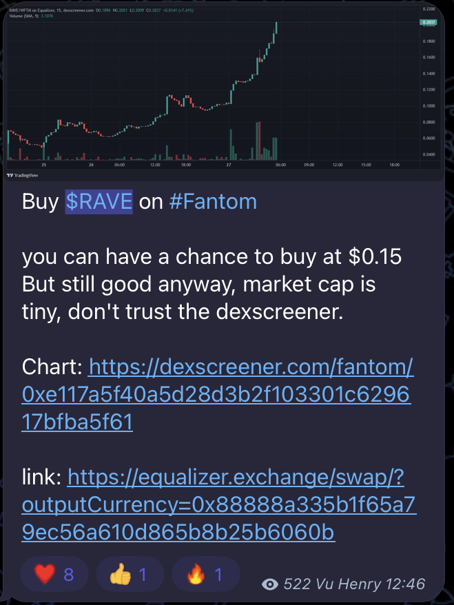 HenryVu (@henry_vuquangdu) on Twitter photo <a href="/rave_names/">Rave Names (.ftm Names) 🦇🔊</a> is unique on #fantom
Everyone should buy a .ftm name.
Call $RAVE at $0.15 on my private group and $0.2 at my public channel.
Join me for more call and alpha: t.me/Henryvucalls <a href="/rave_names/">Rave Names (.ftm Names) 🦇🔊</a> is unique on #fantom
Everyone should buy a .ftm name.
Call $RAVE at $0.15 on my private group and $0.2 at my public channel.
Join me for more call and alpha: t.me/Henryvucalls