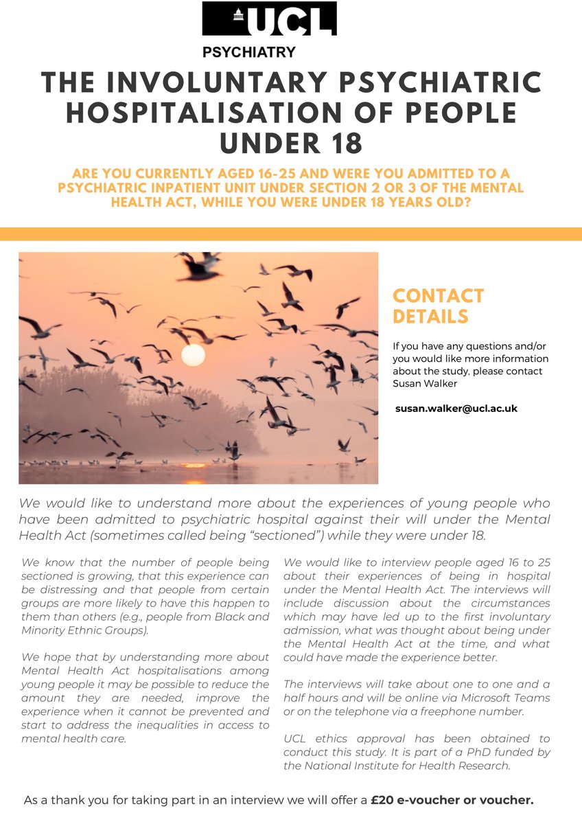 SusieElizabethW's tweet photo. Please contact me if you are aged 16-25 and have been in hospital under the Mental Health Act while under 18 and would be happy to talk about your experiences for a research study. We want to learn more to help improve things for young people. There's a £20 voucher as thanks. https://t.co/d0zNFfRQhh