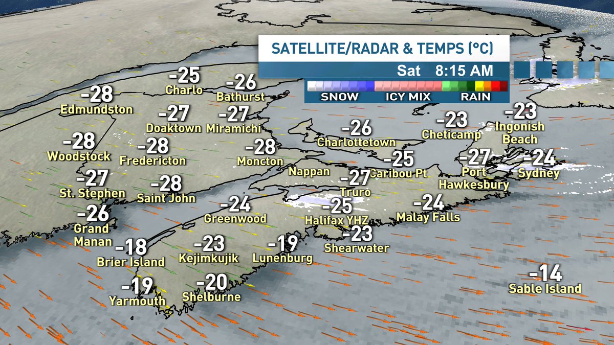 ryansnoddon's tweet photo. 8am Saturday
Absolutely brutal wind chills across the Maritimes ranging from -33 to -45. 
Frost bite risk in mins with winds gusting 60-80+ km/h.
Thoughts are with the 25,000 customers without power in the Maritimes &amp; the crews out there trying to restore it.
#nsstorm #nbstorm https://t.co/RDl36UxbaW