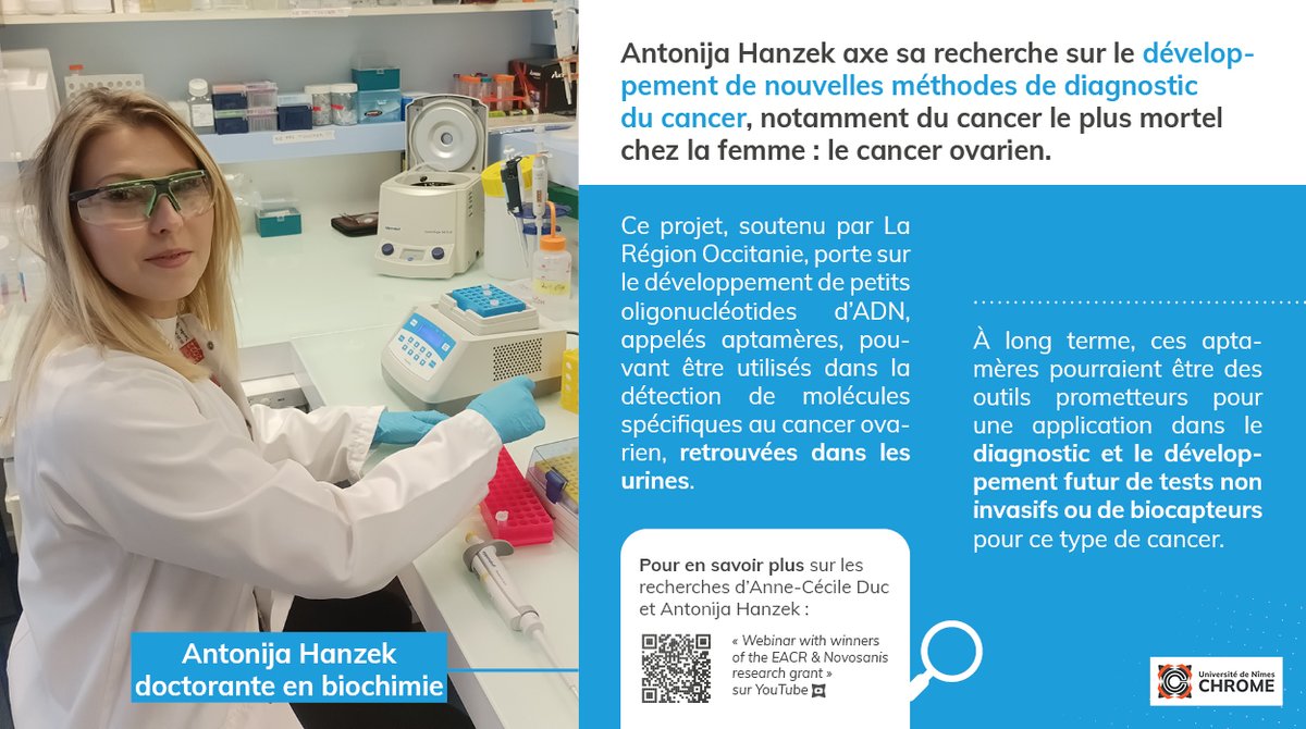 DirRecUnimes's tweet photo. 👉 @AntonijaHanzek, doctorante en #biochimie axe sa recherche sur le développement de nouvelles méthodes de diagnostic du #cancer, notamment du cancer ovarien qui demeure encore aujourd'hui le plus mortel chez la #femme. 
#JournéeMondialeContreLeCancer #CancerOvaire @Occitanie https://t.co/s1QwfYYnRF
