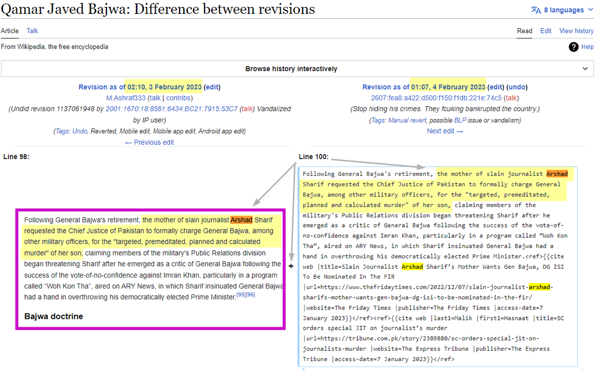 @BBCNewsAsia 'sacrilegious content' against Bajwa/ISI.

Arshad's mother allegation:
-added 10Jan
-multiple attempts to remove it by M.Ashraf etc
-2nd last re-add 30Jan
-M.Ashraf removed it same day, 30Jan
-PTA 'degraded' Wikipedia on 1Feb
-Arshad's ref re-added on 4Feb
-PTA blocks WP in Pak