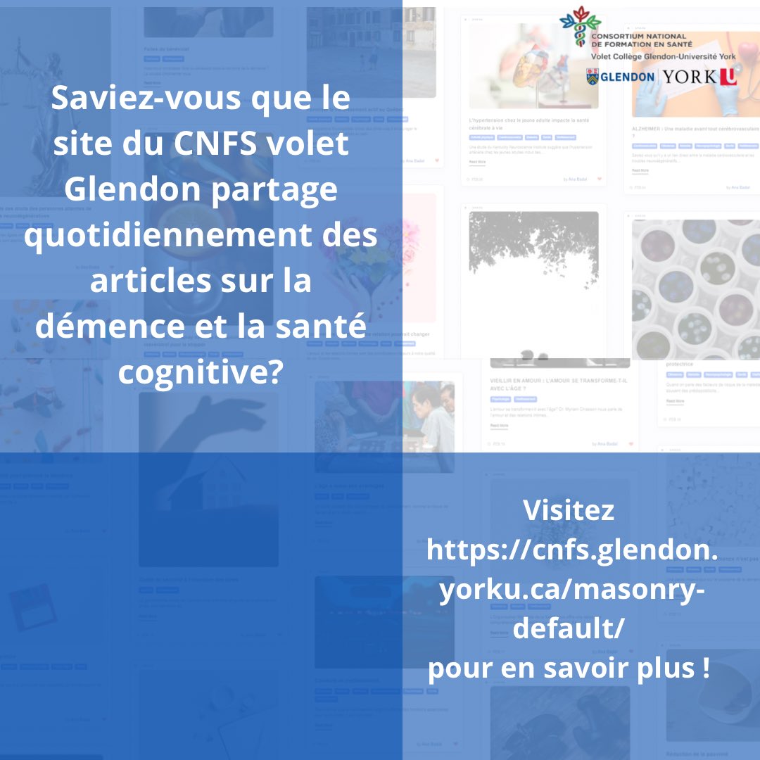 Ressources accessibles pour les ainés et les aidants, recherches récentes et compréhensible qui répondent à toutes vos questions;le site du CNFS veut vous garder au courant de ce qu'il se passe dans le monde de la santé et démence! Visitez notre site web! cnfs.glendon.yorku.ca/masonry-defaul…