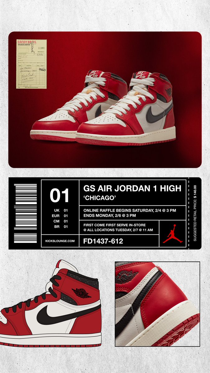 Kicks Lounge (@kickslounge) on Twitter photo 🚨 The raffle for the GS Air Jordan 1 Retro High OG - 'Chicago' is live now, until MONDAY 2/6 at 3PM EST. 🚨
To enter:
-Follow <a href="/kickslounge/">Kicks Lounge</a>
-Like and Retweet this tweet
-Reply with your size
(1/3) 🚨 The raffle for the GS Air Jordan 1 Retro High OG - 'Chicago' is live now, until MONDAY 2/6 at 3PM EST. 🚨
To enter:
-Follow <a href="/kickslounge/">Kicks Lounge</a>
-Like and Retweet this tweet
-Reply with your size
(1/3)