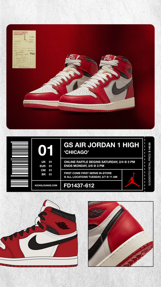 🚨 The raffle for the GS Air Jordan 1 Retro High OG - 'Chicago' is live now, until MONDAY 2/6 at 3PM EST. 🚨 To enter: -Follow @kickslounge -Like and Retweet this tweet -Reply with your size (1/3)