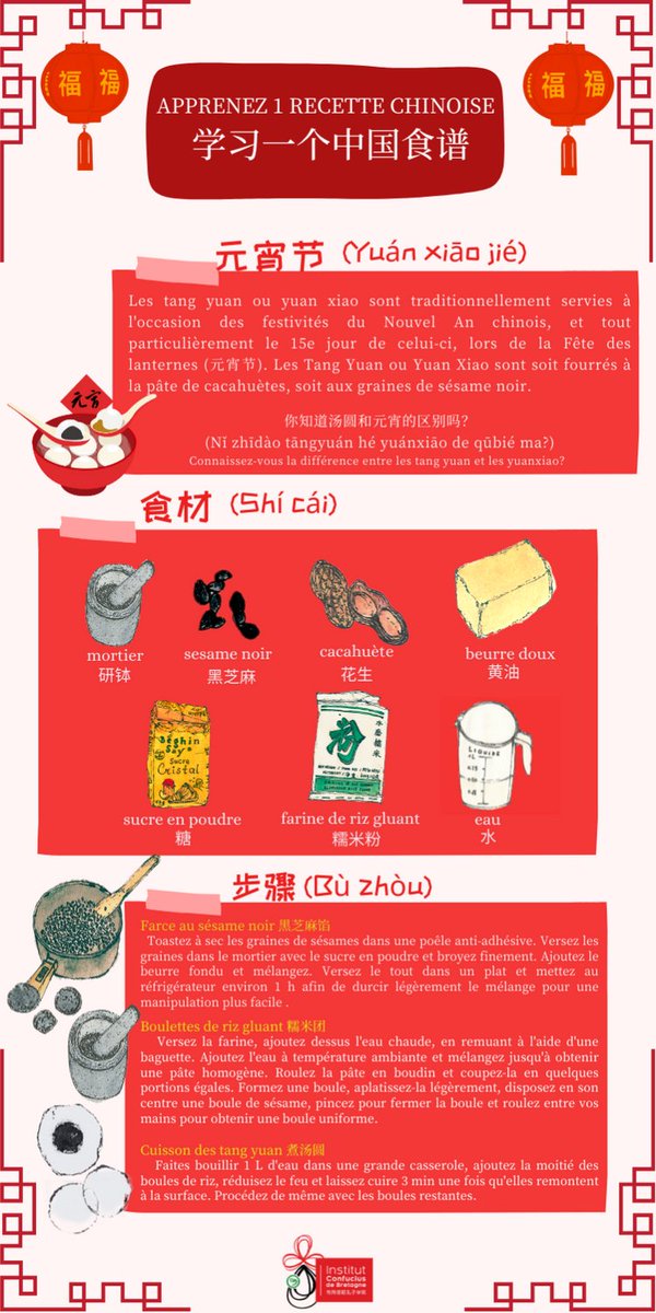 Une recette immanquable pour la Fête des lanternes 🏮

Les tāngyuán ou yuánxiāo sont un dessert typique de la Fête des lanternes.  Ils symbolisent l’unité familiale et sont très appréciés pour leur goût sucré, parfois salé !
Découvrez la recette et les étapes de préparation !