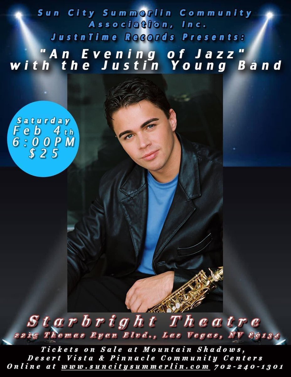 justinyoungsax's tweet photo. Showtime today! #Showtime #Today 6pm show today at Starbright Theatre in Las Vegas! So excited! My band is ready to Groove! Ticket Info: https://t.co/mTsIZTslMq
Drums: Sam Ward 
Bass: Tim Bailey 
Keys: Ken Tolbert
Guitar: Jimi Young https://t.co/VsofMjGyCN