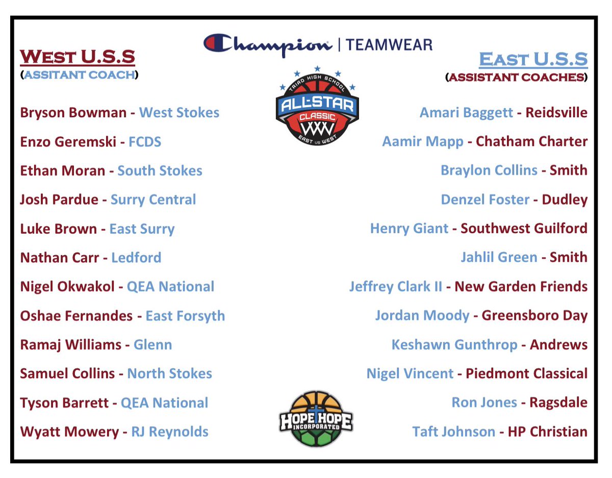 🚨FIRST DRAFT of our 12th Annual <a href="/ChampionTeams/">Champion Teamwear</a> <a href="/TriadAllStar/">Triad All-Star Classic</a> Boys &amp; Girls USSG Rosters🚨

** Each player must accept their invitation, by Friday, FEB 10, to secure their roster spot.

If your name is listed below, CONGRATS &amp; please DM us your email address. Thank you‼️