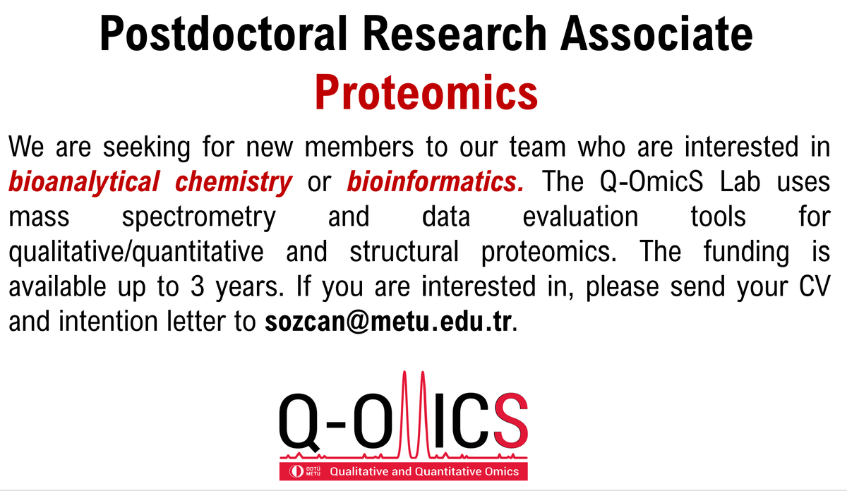 We are #hiring! If you want to unravel the secrets of proteome, join the <a href="/QOmicSLab/">Q-Omics Lab</a> at <a href="/METU_ODTU/">METU / ODTÜ</a>  . #postdoc #postdocjobs #postdocposition #proteomics #MassSpectrometry #DataScience