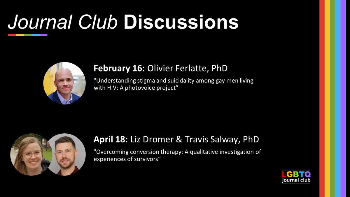 LGBTQjc's tweet photo. We're back! Please join us for upcoming virtual discussions this semester. We are excited to host Olivier Ferlatte, Liz Dromer, and @travissalway for discussions of photovoice as a method and survivors of conversion therpay. 

DM or comment for the Zoom link! #lgbtqhealth https://t.co/Bl8STkWiDa